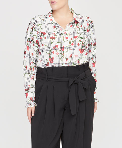 Floral Check Ruffle Cuff Blouse